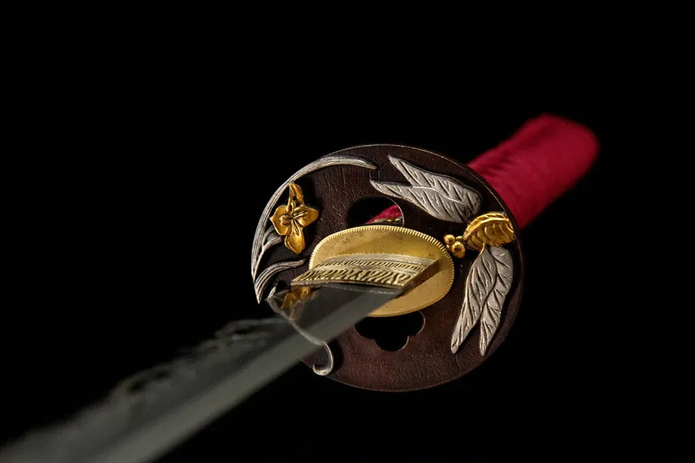 Red Dragonfly Katana tsuba front view, gold-silver plated copper dragonfly hand guard