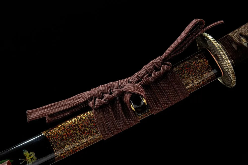 Peach Mountain Katana coarse cotton sageo cord closeup, thick traditional sheath tie