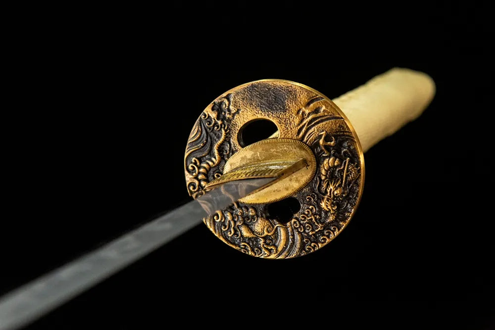 Front side hollow wave double dragon carved solid brass katana hand guard