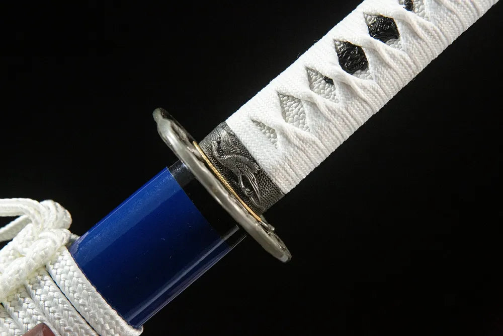 Fuchi collar closeup Snow Prunus Mume Katana matte bird carved alloy handle base ring