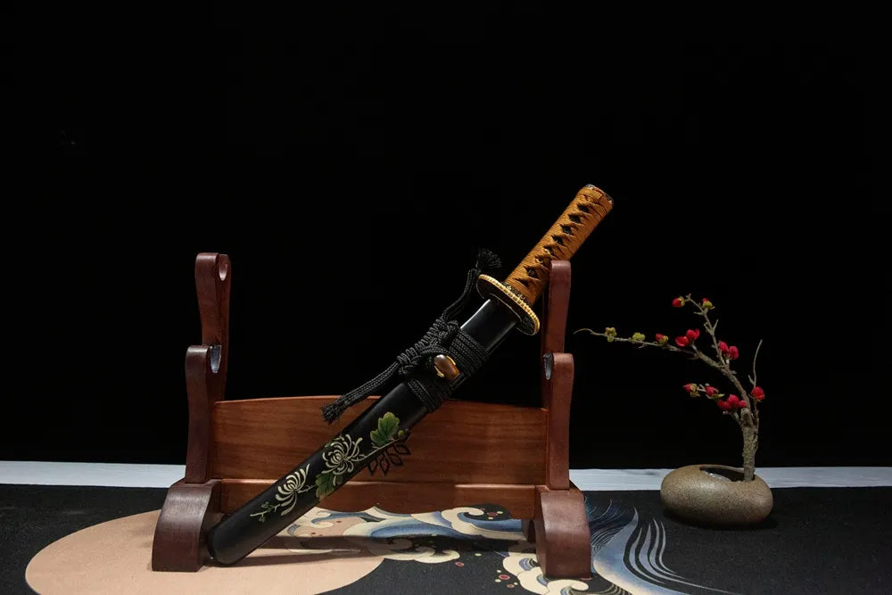 45-degree front view chrysanthemum wakizashi sheathed hand drawn solid wood saya coarse cotton sageo