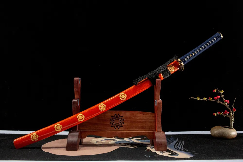 45-degree front view Orange Full Katana sheathed solid wood paint saya coarse cotton sageo