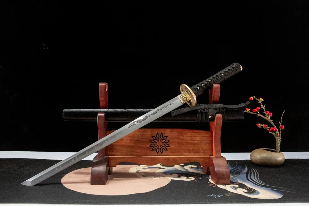 Black Ninja Wakizashi | T10 Gunome Hamon Full Solid Copper Stealth Short Wakizashi