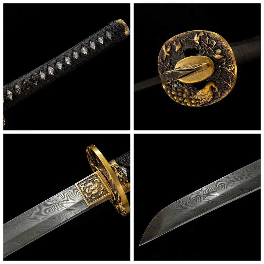4-grid collage Plum Blossom katana plum bird copper tsuba fake ray tsuka plum painted wood saya