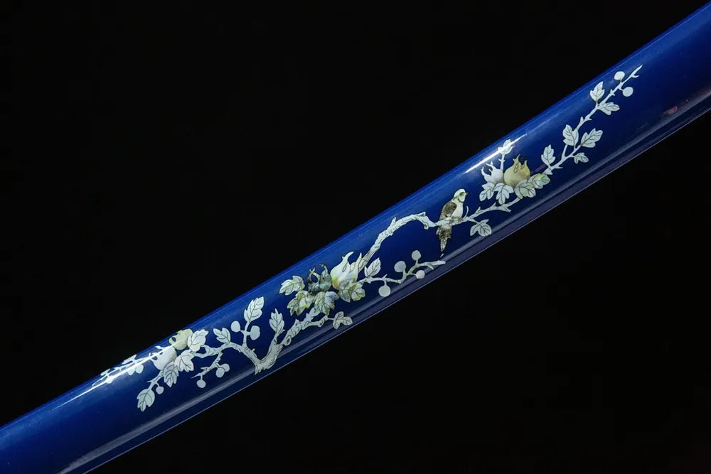 Mid saya detail Snow Prunus Mume Katana solid wood high gloss blue lacquer hand painted plum & bird pattern
