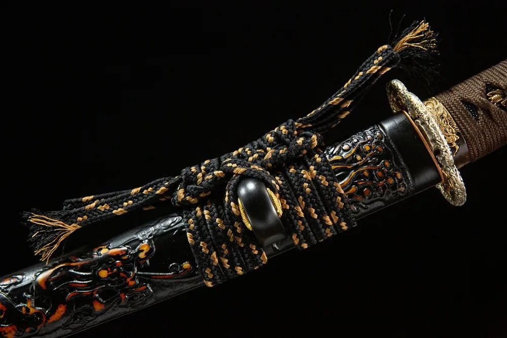 Black gold mixed coarse cotton sageo cord tied around ox horn kurikata ring