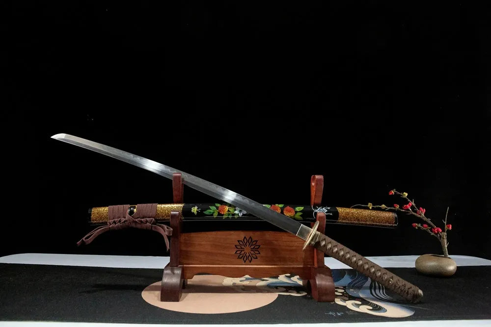 Peach Mountain Katana 45-degree unsheathed view, clay tempered fine polished T10 steel blade