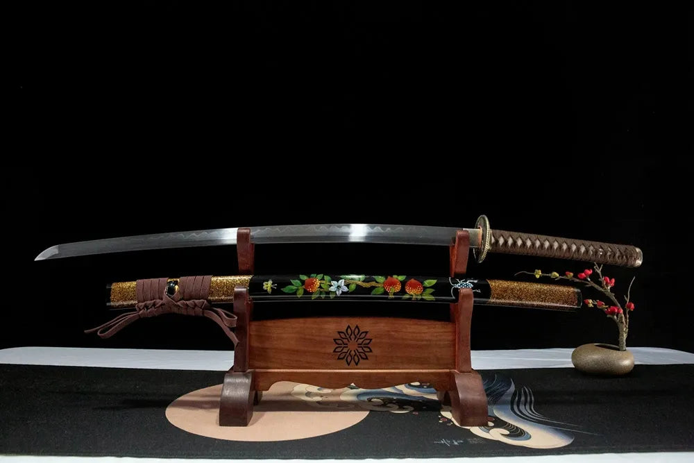 Unsheathed Peach Mountain Katana, T10 steel blade with Gunome wave hamon line