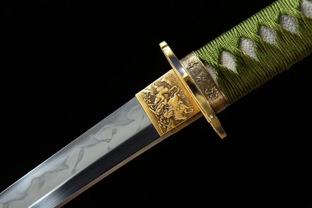 Upper short blade closeup real yokote near solid copper habaki T10 clay temper surface