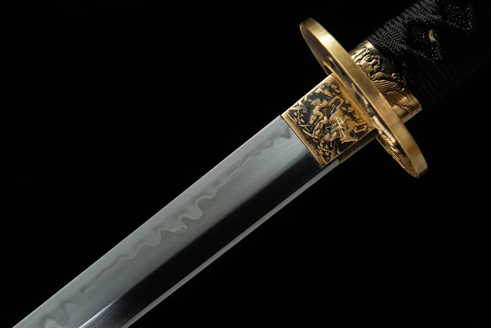 Upper blade closeup Black Ninja neat gunome hamon near solid copper habaki
