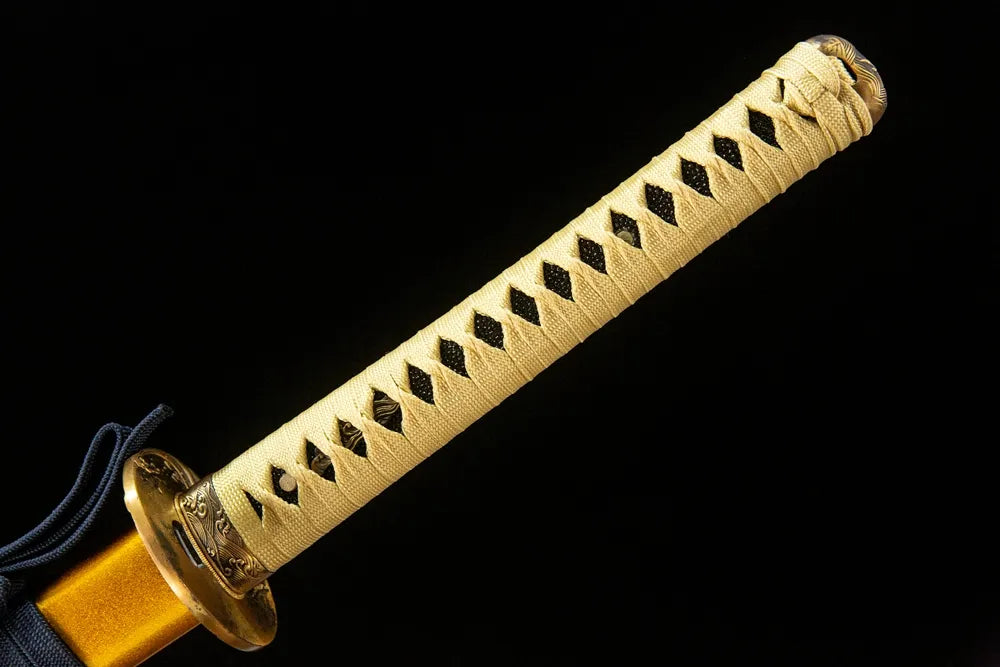 Full moro-hineri tsuka front view genuine black ray skin brass wave carved fuchi kashira