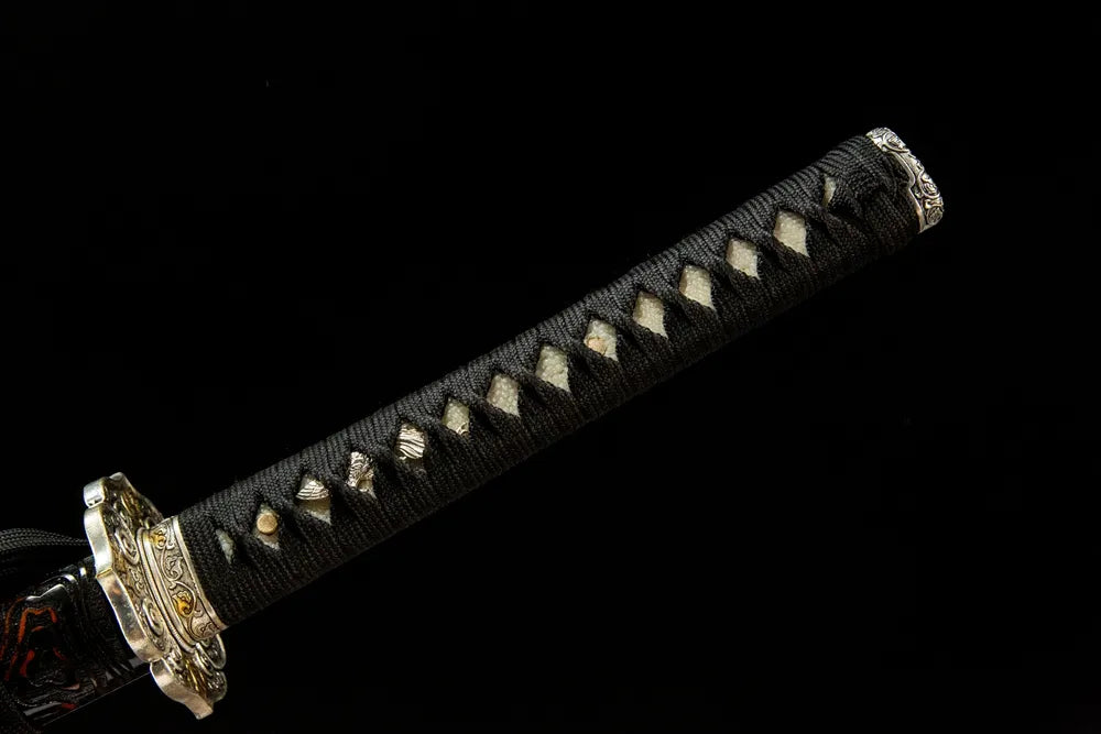 Full tsuka handle front view The Firmament Tachi, genuine ray skin moro-hineri-maki copper fittings