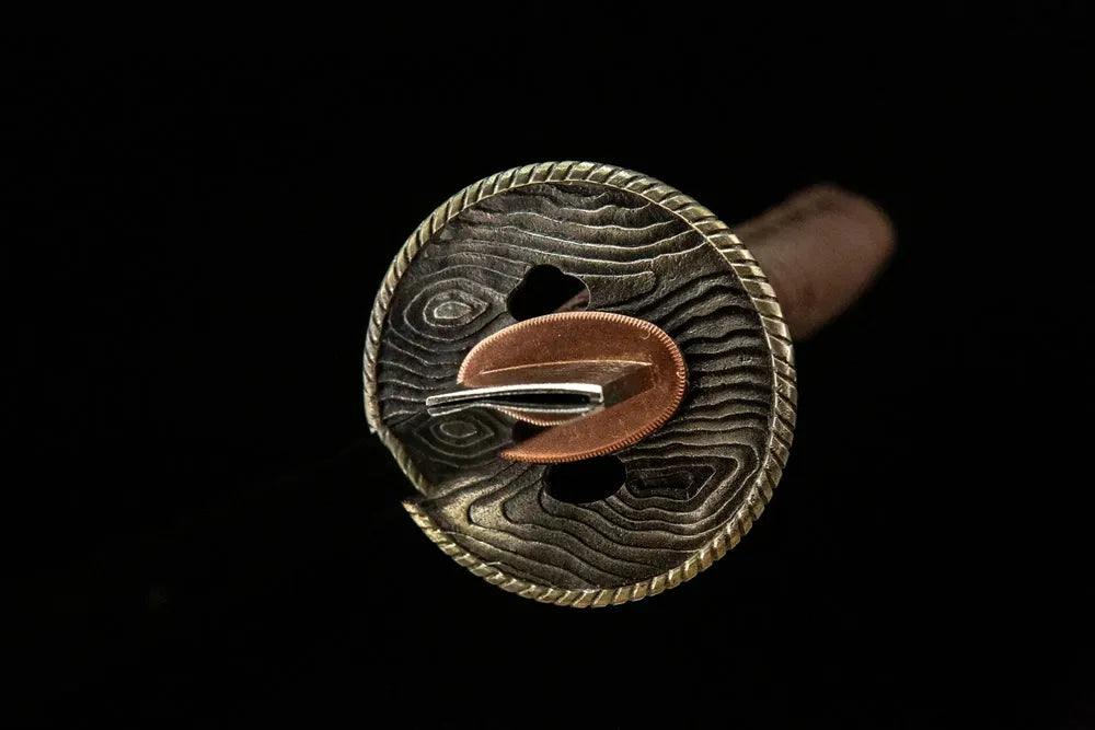 Peach Mountain Katana tsuba front view, white copper peach mountain hand guard