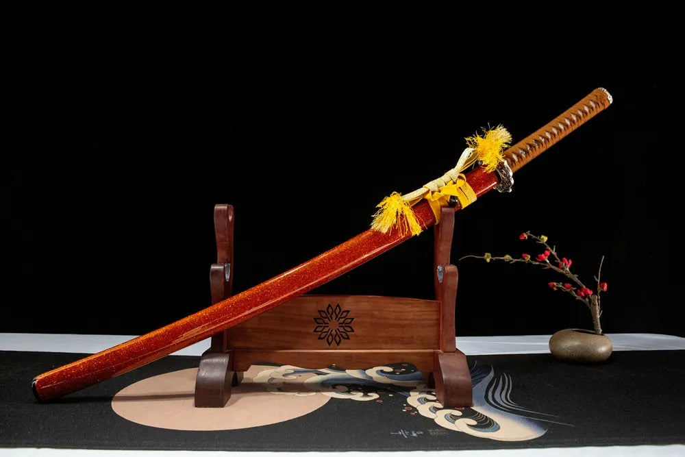 Flaring Fire Katana 45-degree front view, hand painted solid wood scabbard ox horn parts