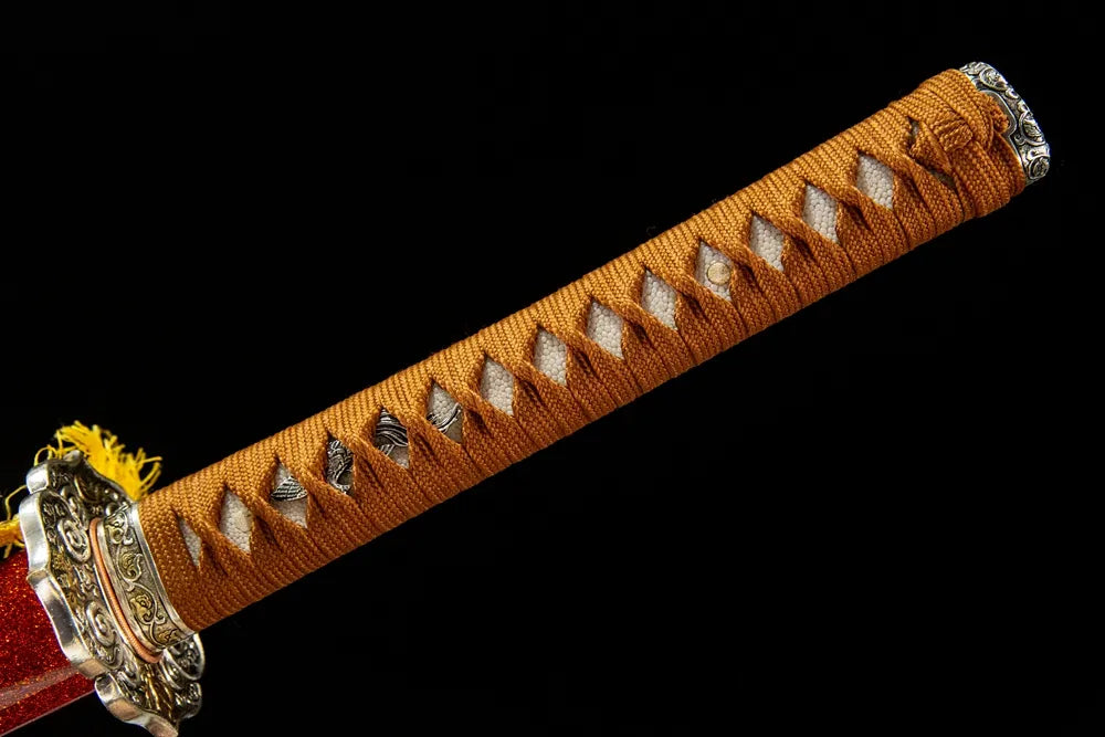 Flaring Fire Katana front handle shot, authentic ray skin under wrap