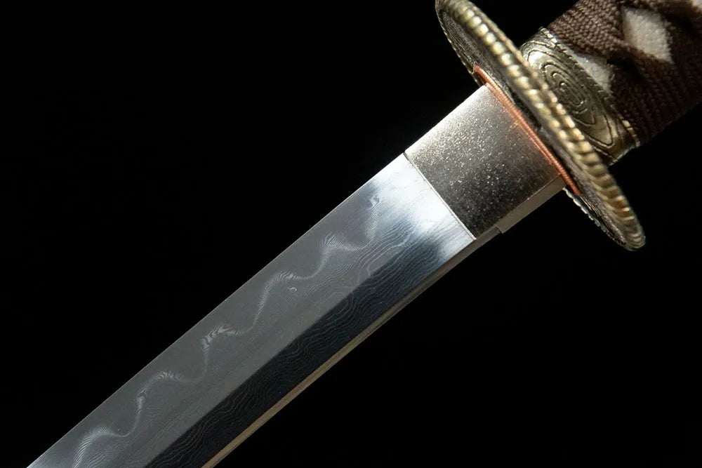 Peach Mountain Katana upper blade detail, Gunome hamon near copper habaki T10 steel