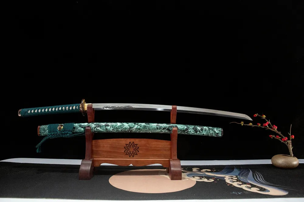 Unsheathed Qingtang horizontal shot T10 clay tempered smooth notare wave hamon blade