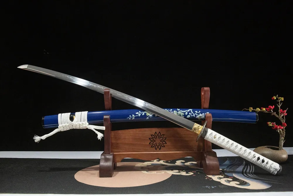 45° unsheathed front view Snow Prunus Mume Katana taganeha polished shinogizukuri functional blade