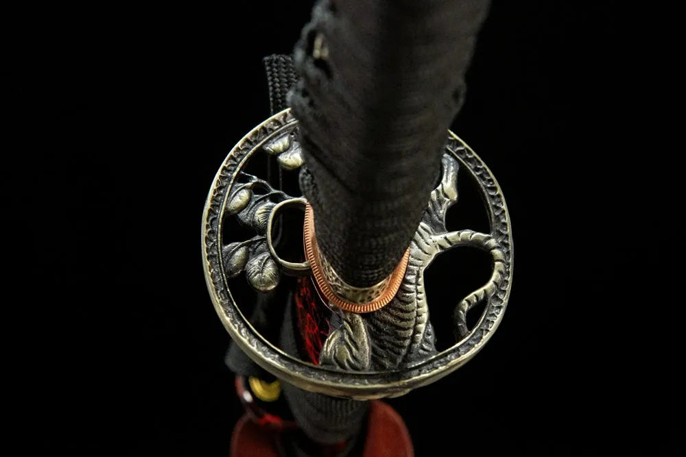 Red Tiger Wakizashi tsuba reverse side, solid alloy base construction