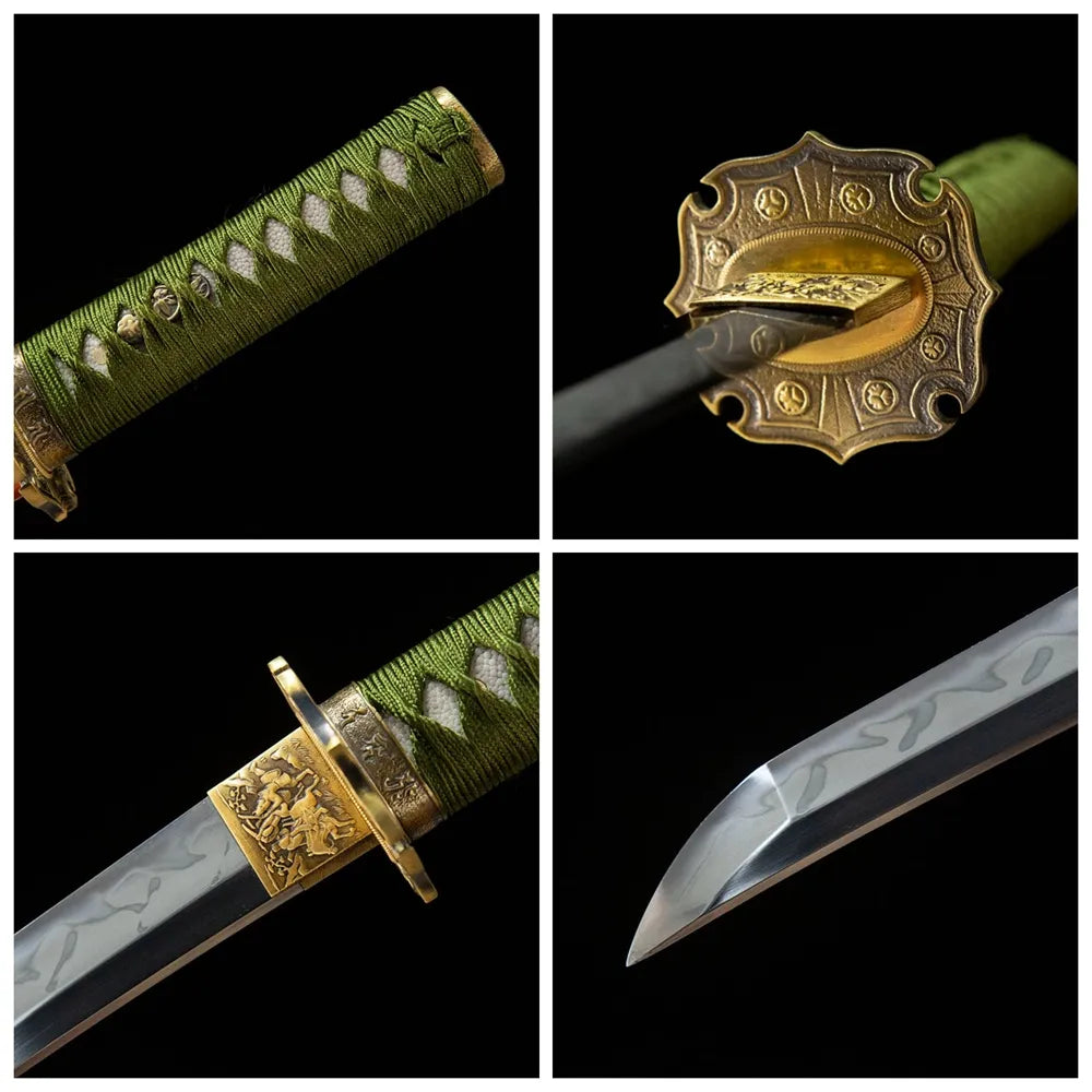 4-grid collage The Shogunate Wakizashi T10 short blade plain copper tsuba ray skin compact tsuka wood saya