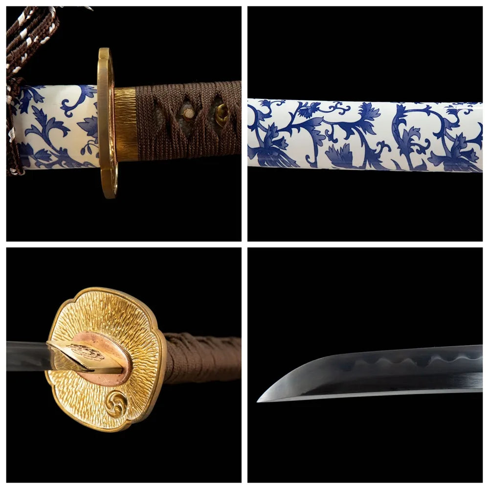 4-grid collage Blue White Porcelain copper wave tsuba brown moro tsuka gunome blade blue floral saya