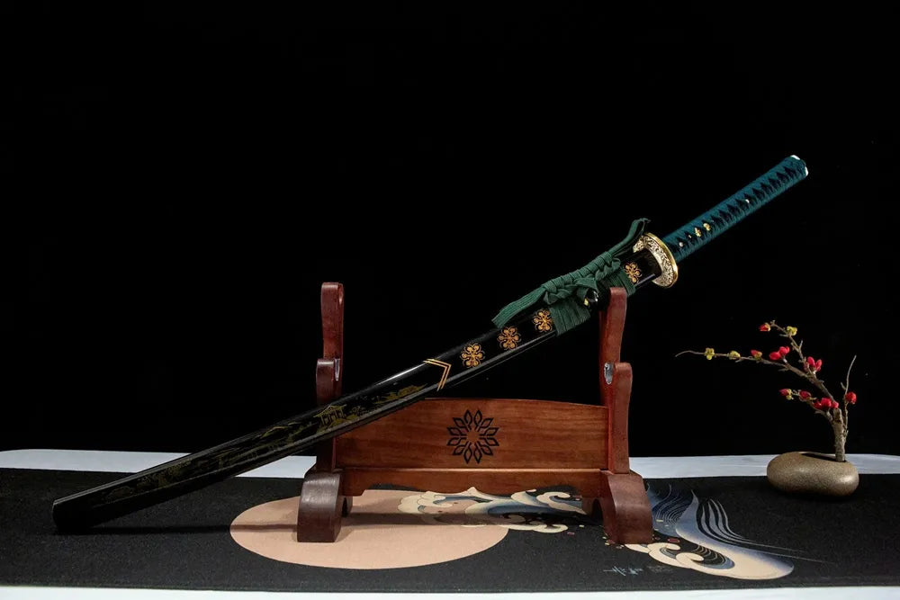 Green Shade Katana front 45-degree view, solid wood baked lacquer scabbard