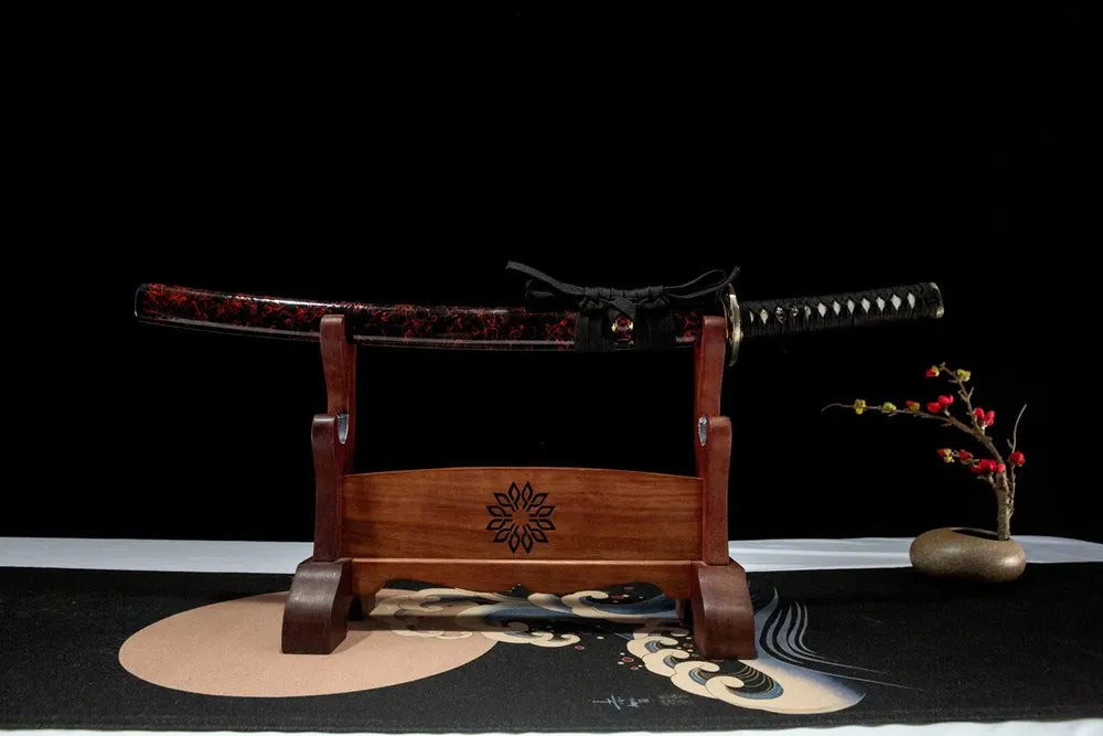 Red Tiger Wakizashi front horizontal view, red tiger motif alloy tsuba