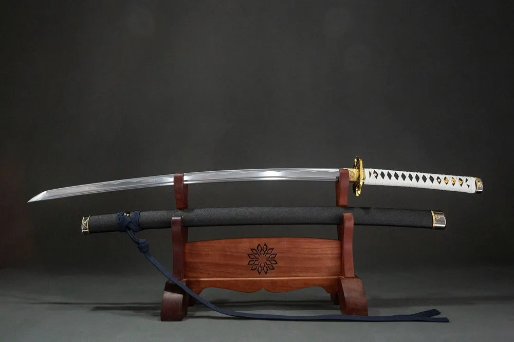Unsheathed Yamato Katana horizontal shot, 1045 oil quenched single full blood groove hand polished blade