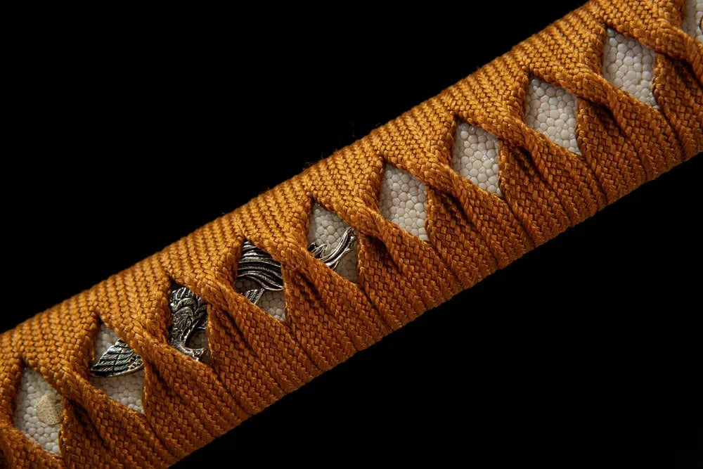 Flaring Fire Katana tsuka closeup, Moro-hineri-maki cotton wrap texture