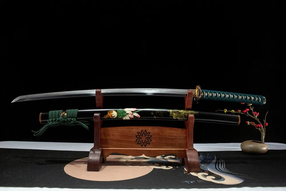 Unsheathed Lotus Heart Katana, premium Uzi steel blade with Gunome wave hamon line