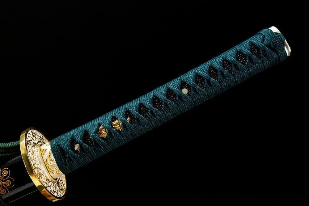 Green Shade Katana full handle, genuine ray skin with traditional wrap green fittings