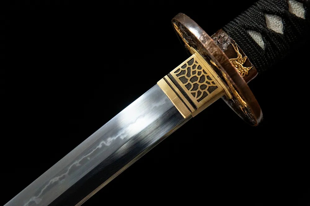 Upper blade closeup Red-Crowned Crane Katana, mottled hamon near solid copper habaki real yokote line