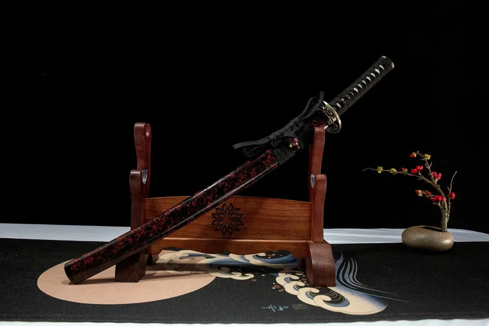 Red Tiger Wakizashi front 45-degree view, lacquered solid wood scabbard