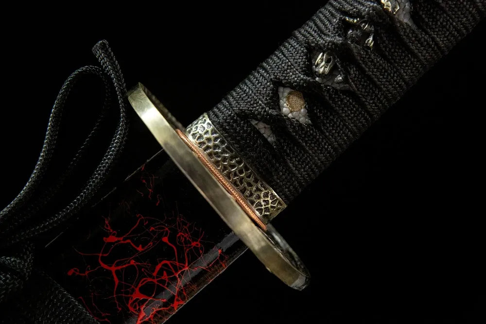 Red Tiger Wakizashi fuchi, red tiger motif alloy handle collar