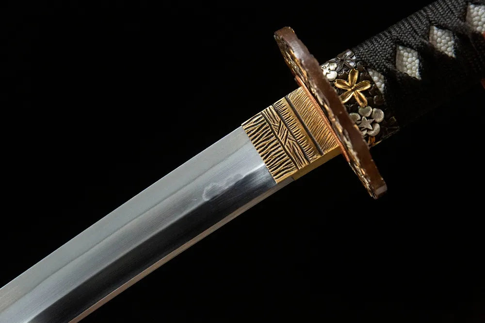 Upper blade closeup clean suguha straight hamon near solid gold silver gilded habaki real yokote