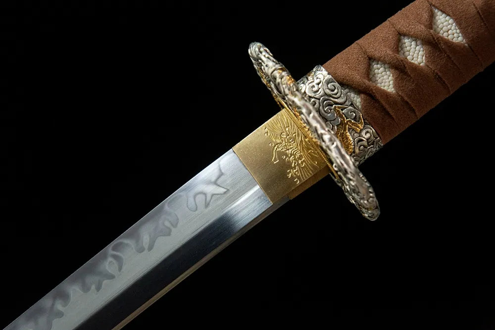 Upper blade closeup Emperor Dragon Katana near solid copper habaki decorative fake yokote
