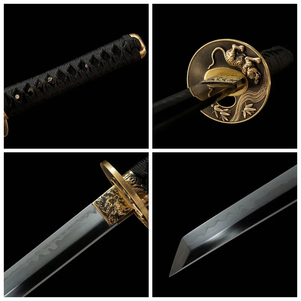 4-grid collage Black Ninja T10 gunome blade full copper tsuba black matte saya
