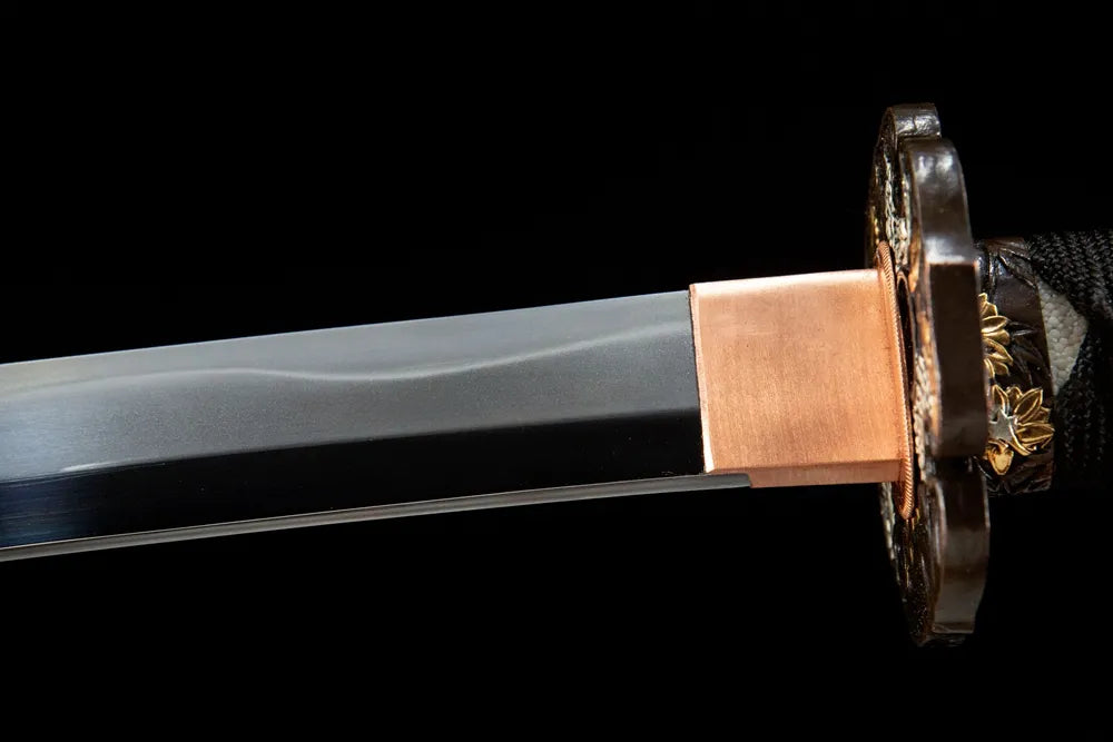 Upper blade closeup Imu Maru Katana real yokote near solid copper engraved habaki