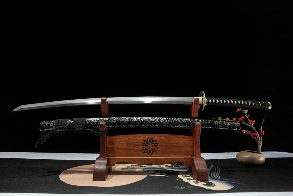 Unsheathed Time Katana, patterned folding steel blade with Gunome hamon line