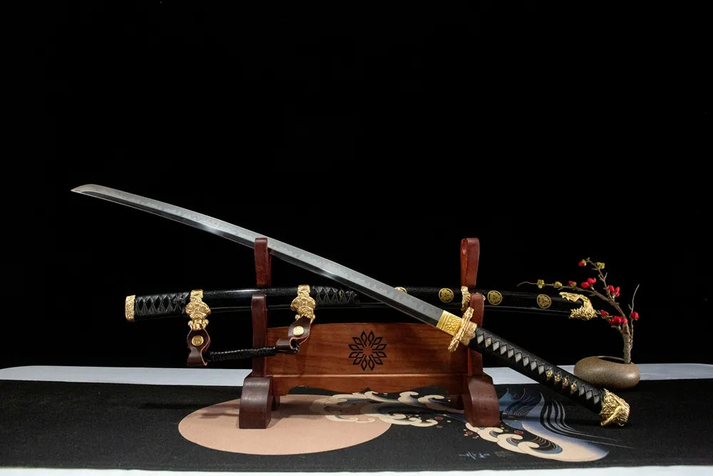 45° unsheathed front view The Firmament Tachi, fully sharpened plain uncarved maru blade no blood groove