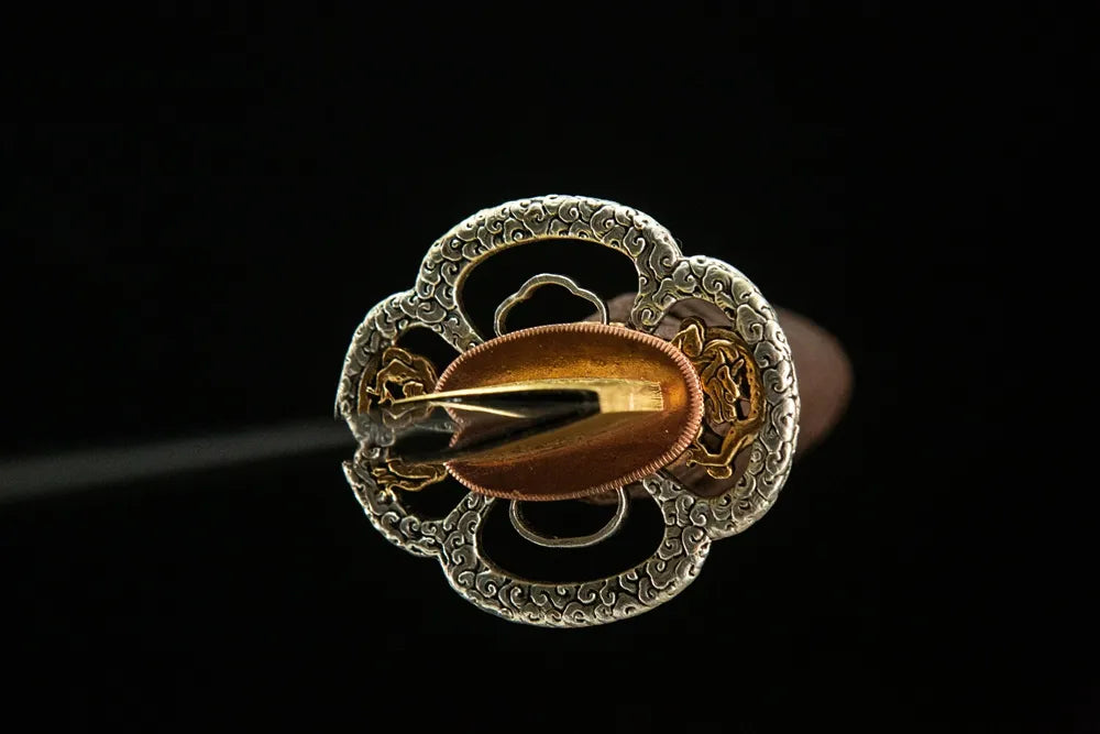 Front side Battle Dragon Wakizashi hollow cloud frame silver gilded copper dragon hand guard