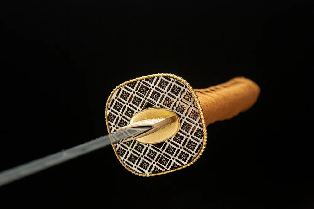 Front side carved gold silver plated copper wakizashi tsuba