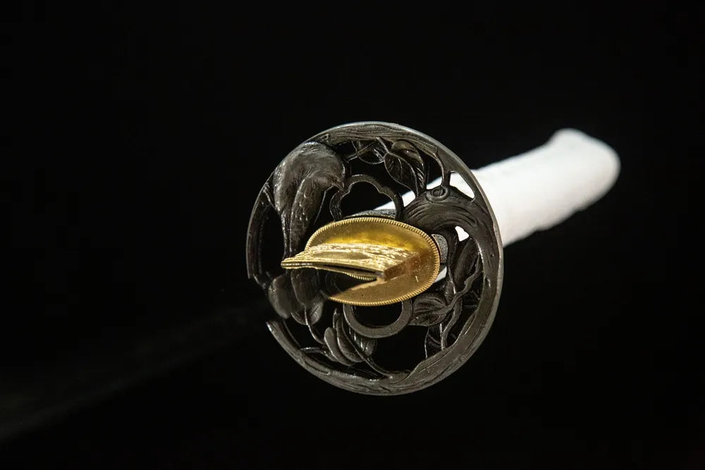Front side Snow Prunus Mume Katana hollow cut sparrow & leaf round alloy hand guard golden inner trim