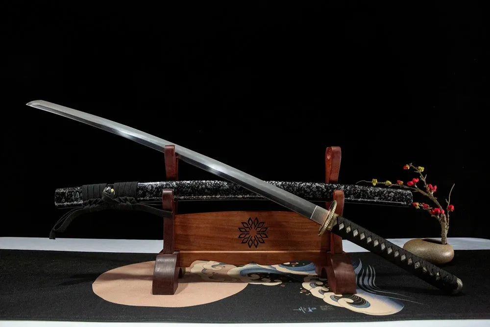 Time Katana 45-degree unsheathed view, clay tempered real yokote folding steel blade