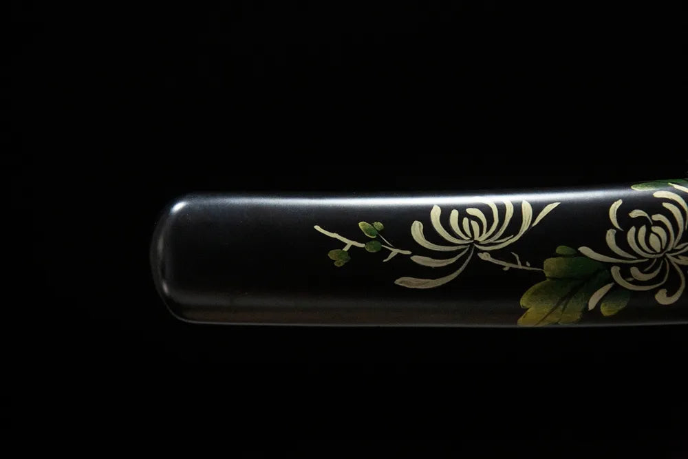 Bottom saya closeup hand painted wood sheath end cap