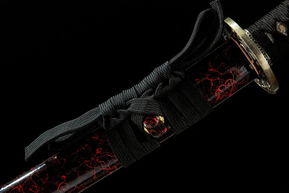 Red Tiger Wakizashi cotton sageo cord closeup, traditional sheath tie