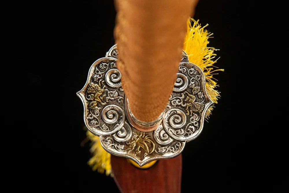 Flaring Fire Katana tsuba reverse, solid copper plating base