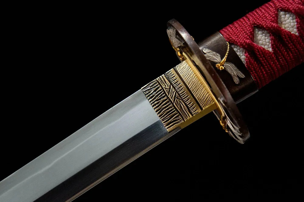 Red Dragonfly Katana upper blade detail, Suguha hamon near copper habaki T10 steel