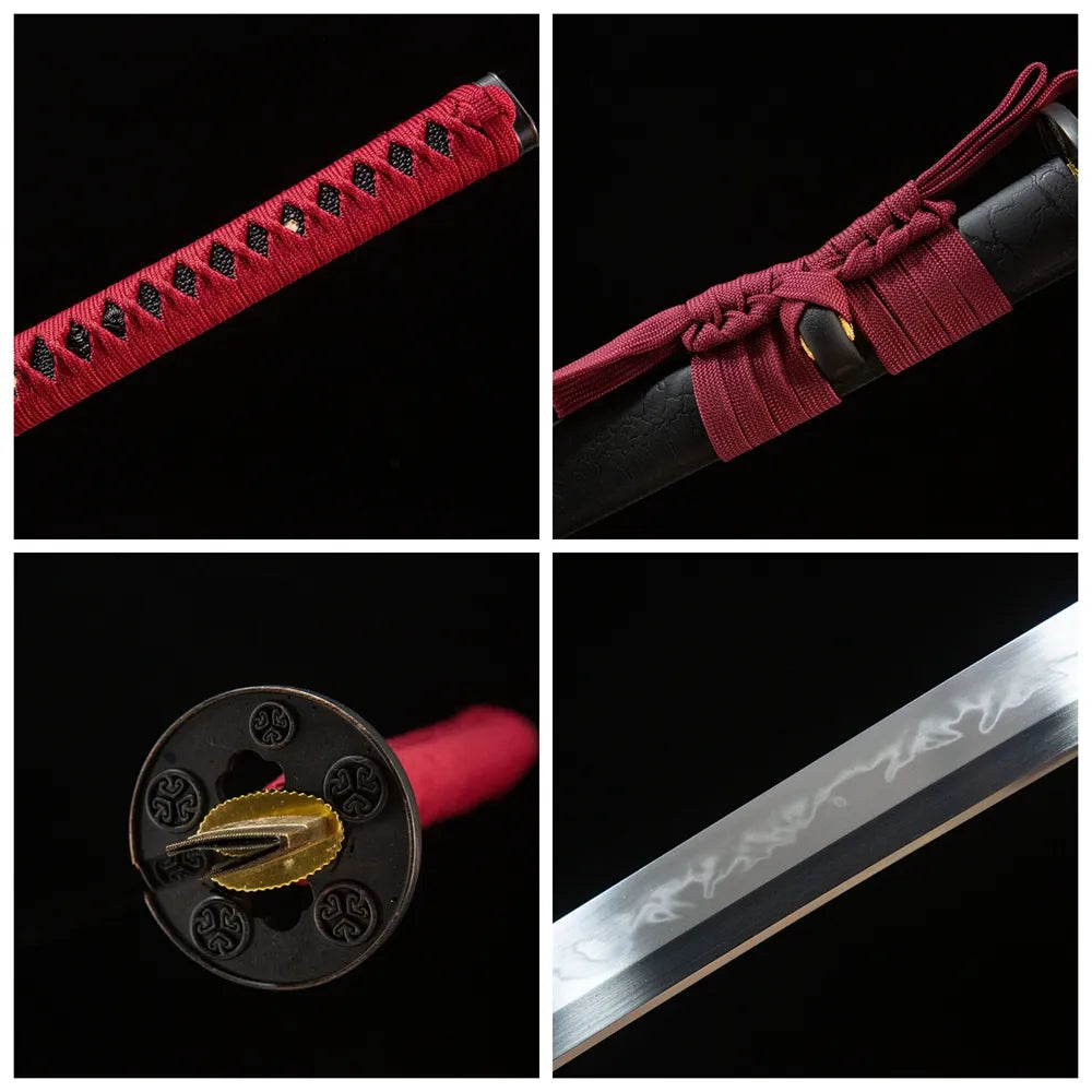 4-grid detail collage Mingyuan Katana sanbonsugi blade red imogata tsuka alloy flower tsuba crackle saya