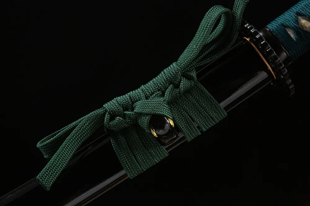 Premium thick green cotton sageo cord knotted on Sankoken saya ring